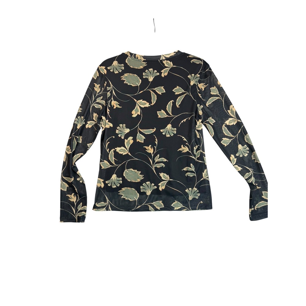 Sanctuary Womens Floral Mesh Long Sleeve Top Black Green Sheer Crew Neck Medium
